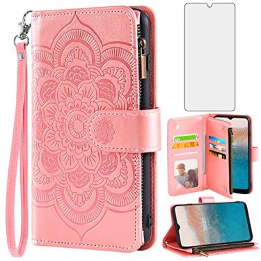 Imagem de Asuwish Capa de celular para Nokia C21 Plus com protetor de tela de vidro temperado e flor de couro flip porta-cartão de crédito suporte fólio acessórios para celular C 21 + C21+ C21Plus mulheres