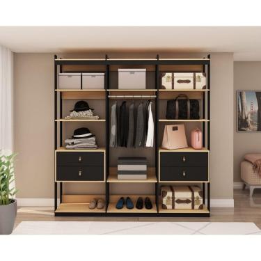 Imagem de Conjunto Closet Industrial 3 Modulado com 1 Cabideiro e 4 Gavetas com Puxador em Courinho Freijó/Preto