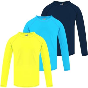Imagem de Pacote com 3 camisetas de natação Rash Guard de manga comprida FPS + 50 camisetas de sol para crianças pequenas Rashguard, Azul, azul-marinho e amarelo, 5-6 Anos
