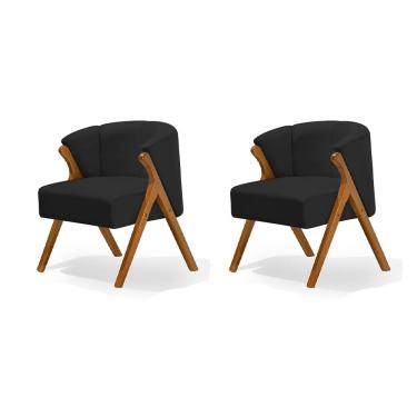 Imagem de Kit 2 Poltronas Luxo Moderna Luna Pés em Madeira Maciça Veludo Preto
