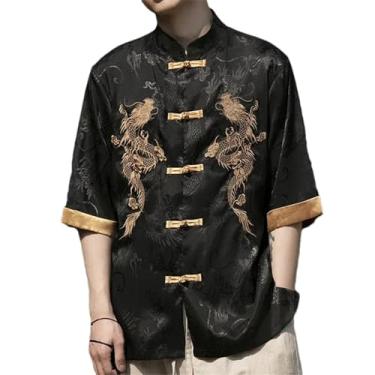 Imagem de Vestido tradicional chinês de verão bordado dragão camisa masculina roupas gelo seda manga curta tops vintage, Preto, P