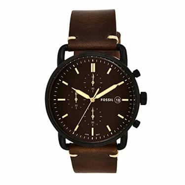 Imagem de Fossil Relógio masculino casual de quartzo de aço inoxidável e couro Commuter, Preto, marrom escuro., Cronógrafo