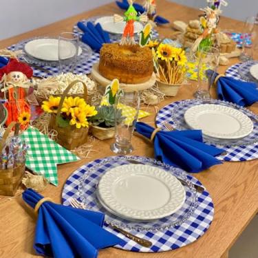 Imagem de Kit Sousplat Completo Mesa Posta Caipira Festa Junina Xadrez 6 Lugares (XADREZ AZUL ROYAL - GUARDANAPO AZUL ROYAL - PG MADEIRA CLARA)