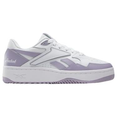 Imagem de Reebok Tênis feminino de basquete ATR Chill com cadarço e couro, Branco/roxo crepúsculo, 39