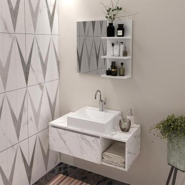 Imagem de Kit Gabinete de Banheiro com Cuba e Espelheira Mármore Branco