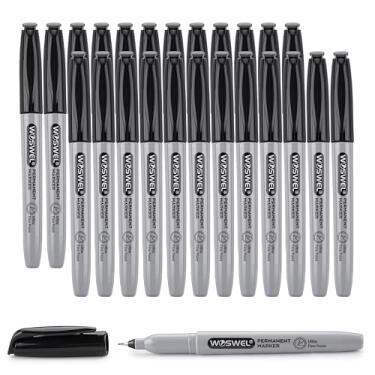Imagem de WOSWEL Marcadores permanentes ultrafinos a granel, pacote com 24, conjunto de marcadores permanentes pretos ultrafinos, canetas de ponta de feltro funcionam em plástico, madeira, pedra, metal e vidro
