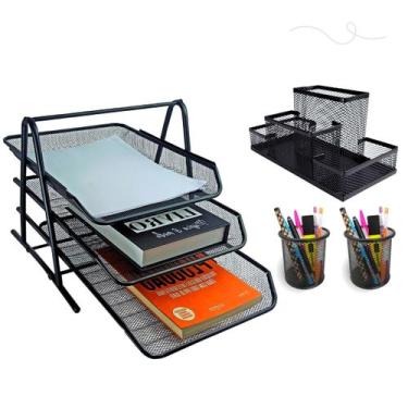Imagem de Kit bandeja tripla porta caneta organizador clássico para escritório h