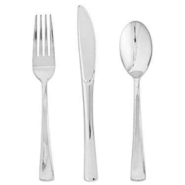 Imagem de FOCUSLINE Conjunto de talheres descartáveis de plástico prateado com 75 unidades – 25 garfos e facas e colheres – conjunto de talheres descartáveis de plástico resistente para catering, festas,