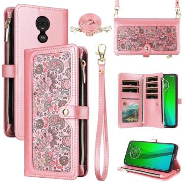 Imagem de Dswteny Capa carteira floral para Moto G7/G7+/Revvlry Plus com alça de pulso alça de ombro com zíper, capa flip de telefone de crédito para Motorola G7Plus Moto7 XT1962-1 G 7 G Tmobile Revvlry+