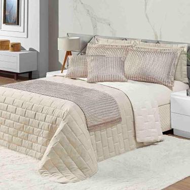 Imagem de Kit Cobre Leito Colcha Luxo King 10 Peças Micropercal 200 Fios Dupla Face Xale Brilhante - Bege