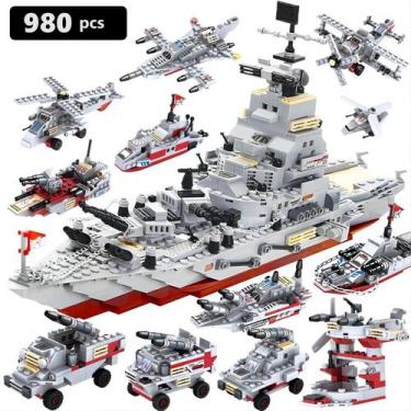 Imagem de 980 Peças Blocos de Montar Mega Navio + 24 Veículos de Combate Guerra: