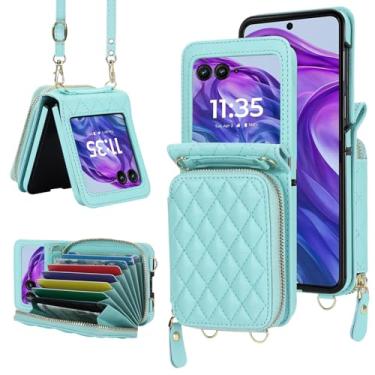 Imagem de YQODSZ Capa carteira para Motorola Razr 2024 com alça transversal, [bloqueio RFID] Capa flip de couro premium com zíper e alça flip para Motorola Razr 50 2024 Verde