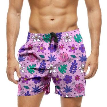 Imagem de Short Praia Shorts Banho Bermuda Verão Flores Cartoon Florida Colorida