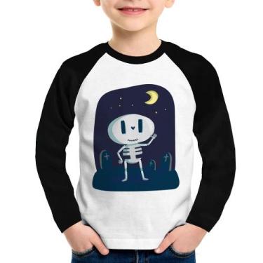 Imagem de Camiseta Raglan Infantil Esqueleto Manga Longa - Foca na Moda, Branco,