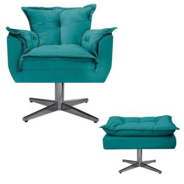 Imagem de Kit Poltrona e Puff Opala Base Giratória de Metal Suede Azul Turquesa 