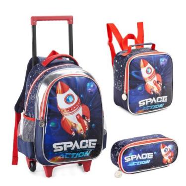 Imagem de Kit Mochila Rodinha Infantil Menino Foguete Space Action - BBLK