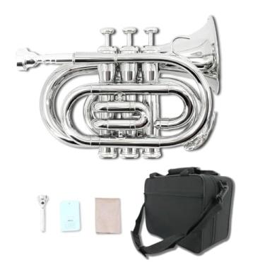 Imagem de WUQIMUSC Trompete de bolso de latão banhado a níquel com bocal 7C, kit de limpeza, estojo de transporte, luvas para iniciantes/estudantes (prata)