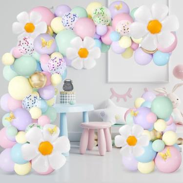 Imagem de VinTS Kit de guirlanda de balões pastel de margarida com 150 peças, balões coloridos de confetes dourados, balões amarelos verdes, roxos, rosa, azuis com adesivos de borboleta, para decoração de festa