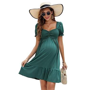 Imagem de FUNJULY Vestido de maternidade feminino evasê decote coração plissado rodado mini vestido de maternidade boho para convidada de casamento verde M