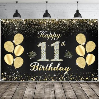 Imagem de JOYKY Banner de feliz aniversário de 11 anos, decorações de festa de aniversário de 11 anos de idade para meninas, decoração de pano de fundo de suprimentos de aniversário de 11 anos, 15 x 3,8 pés