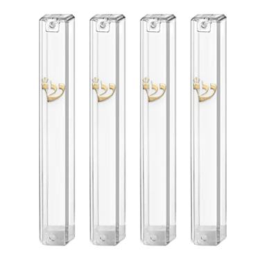 Imagem de Ateret Judaica 4 Pack Waterproof Clear Transparent Plastic Mezuzah Case with shin Gold | Fit up to 5'' / 12 cm Mezuzah Scroll. Israeli Import | Easy Peel and Stick (Scroll Not Included)