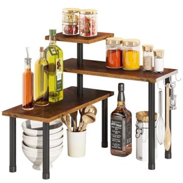 Imagem de BMOSU Prateleira de canto de cozinha organizador de bancada com ganchos ajustáveis para especiarias rack de canto prateleira de canto 3 níveis organização para prateleiras de balcão de cozinha (marrom