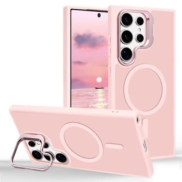 Imagem de Tcaraersing Capa ultra magnética para Samsung Galaxy S24 com suporte [compatível com MagSafe] Suporte de anel de câmera embutido Stash Kickstand Slim Matte Anti-impressão digital, rosa translúcido