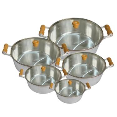 Imagem de Jogo de 05 Panelas Caçarolas Aluminio Fundido Batido Grosso com Tampa de Vidro 16 a 24 - Jalice Alumínios
