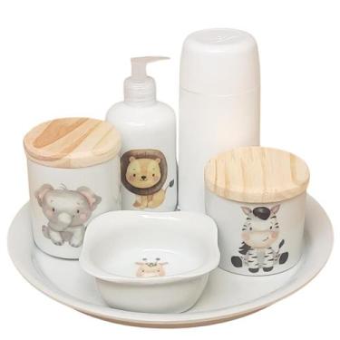 Imagem de Kit higiene bebê Safari 6 pçs - Bandeja Redonda, potes, porta álcool e