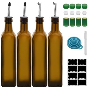 Imagem de Garrafa dispensadora de azeite de oliva de 500 ml, conjunto de dispensador de óleo de vidro e vinagre de 500 ml com 4 dosadores de aço inoxidável, 8 etiquetas, garrafas de óleo de funil para cozinha