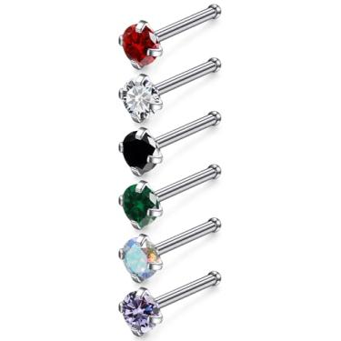 Imagem de Qiwnswoy Piercing de nariz de aço cirúrgico/titânio, 6 peças, piercing de nariz em forma de L, joia corporal para mulheres, 22 g/20 g/18 g, Metal Cristal, Zircônia cúbica