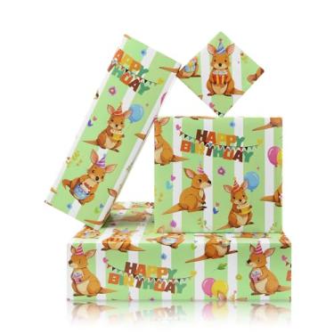 Imagem de Canguru australiano de desenho animado com bolo de feliz aniversário e balão conjunto de papel de embrulho animal de 6 folhas planas dobradas 6 folhas em 1 design: 23 pés quadrados, embrulho de