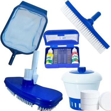 Imagem de Kit Limpeza Piscina 1kg de Cloro + Clorador + Aspirador + Estojo de Teste Ph + Peneira + Escova Reta