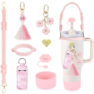 Imagem de KIKIIKE Stanley Cup Accessories Conjunto de 8 peças, incluindo alça de alça de garrafa de água, bota de copo de silicone, capa de palha, pingentes Stanley para copo de 850 g/1,134 g (rosa)