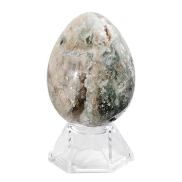 Imagem de Rockcloud Esfera de ovo de pedra do oceano natural com suporte de acrílico Estatueta de esfera de cristal Reiki polido para bênção de Páscoa e decoração de casa, 1 a 0,2 kg