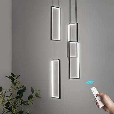 Imagem de FDPBY Luminária Pendente Regulável Para Ilha De Cozinha Moderna, Preta, 54 W, Led, 4 Anéis, Lustre Retangular, Escada, Lustre Grande, Saguão, Sala De Estar, Hall, Lustres De Teto Alto