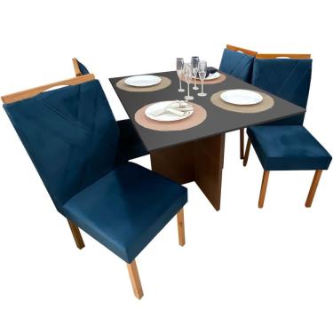 Imagem de Mesa de Jantar Helo 90x90cm em Veludo com 4 Cadeiras California Poliman Cor Grafite com Assento Azul