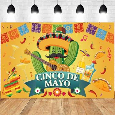 Imagem de Faixa de decorações Cinco de Mayo - Pano de fundo grande de festa mexicana com garrafas de cacto, pimenta e tequila - para celebrações de festas