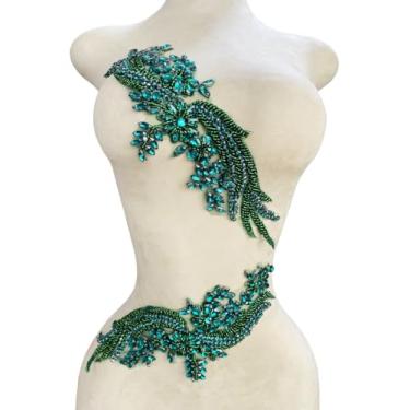 Imagem de Akiko.CC Um par de adesivos feitos à mão com contas de cristal corpete renda DIY apliques acessórios para roupas sociais 35 x 12 cm (verde escuro)