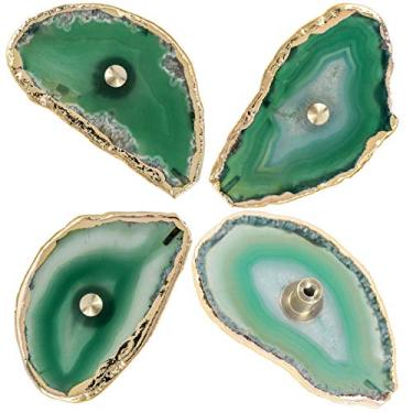 Imagem de rockcloud Maçanetas de fatia de ágata verde para armário de gaveta, puxador para cômoda armário fatia tingida com botões de borda banhados a ouro para móveis decorativos de casa, pacote com 4