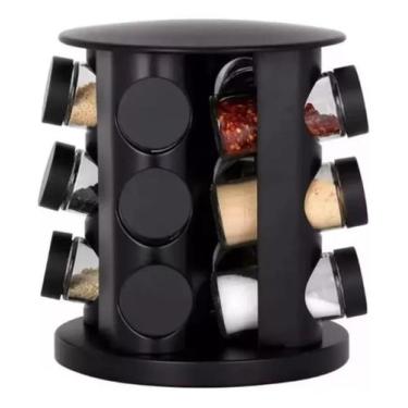 Imagem de Porta Temperos Cozinha Condimento 09 Potes Preto Giratório - BelaKaza