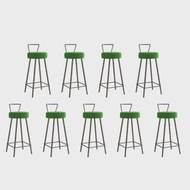 Imagem de Kit 09 Banqueta Alta Com Encosto Tais Eiffel Cozinha Bar Bistrô Ferro Marrom Corino Verde - Ahz Móveis