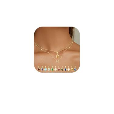 Imagem de Sundurich Colares de pedra do mês de nascimento de ouro para mulheres - Colar de laço de ouro delicado 18K Colar com pingente de zircônia cúbica azul verde e azul para presentes de aniversário para