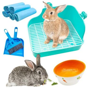 Imagem de PINVNBY Conjunto de caixa de areia de coelho de plástico multiuso, 5 almofadas descartáveis para animais de estimação, mini vassoura e pá de lixo, tigela de alimentação de coelho de cerâmica – ideal