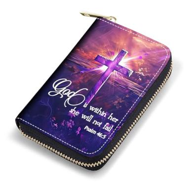 Imagem de FQTBCEARI Porta-cartão de crédito, carteira de couro RFID para mulheres, capa de cartão de visita de bolso com zíper, raposa, Citação cruzada, versículos bíblicos, salmo 46:5, Moda