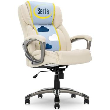 Imagem de Serta 43520B Cadeira de computador ergonômica ajustável executiva com almofadas de corpo em camadas, borda do assento de cachoeira, couro colado, branco marfim