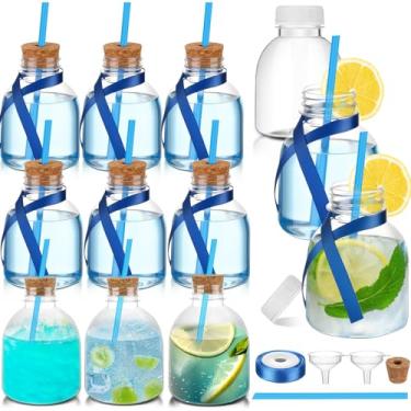 Imagem de Vesici 12 garrafas de plástico para clientes com cortiça e palha, garrafas vazias de suco para bebidas, mini jarra de licor reutilizável com fita sedosa verde para decoração personalizada de festa de