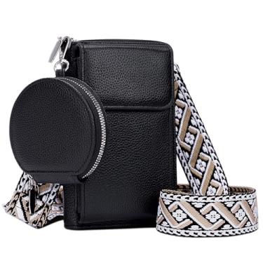 Imagem de Toptime Bolsa tiracolo pequena para mulheres, bolsa de celular com mini bolsa de moedas, carteira preta de couro vegano com compartimentos para cartão de crédito, bolsa de ombro larga removível com