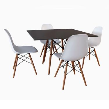 Imagem de Mesa De Jantar Eames Eiffel Wood Quadrada Preta 90Cm Base Madeira Maciça Com 4 Cadeiras Brancas