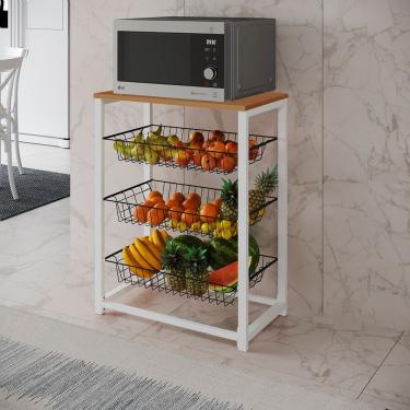 Imagem de Fruteira Com Suporte Para Micro-Ondas Barcelona Aço Branco Cesto Preto Tampo Canela - Cor: Marrom